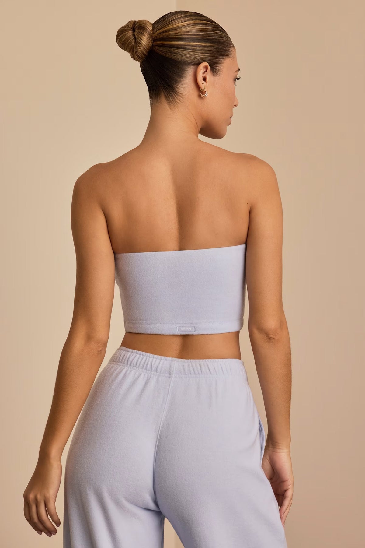 Brushed Jersey Set Wide-Leg Joggers, Cropped Hooded Shrug, &amp; Bandeau Top In Soft Blue