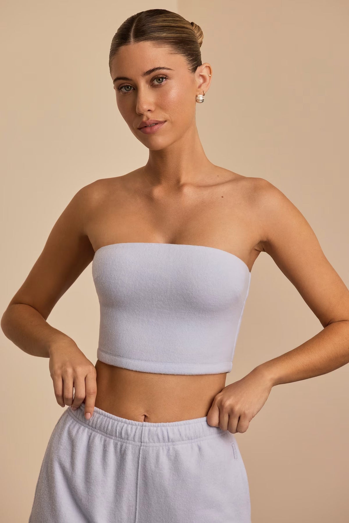 Brushed Jersey Set Wide-Leg Joggers, Cropped Hooded Shrug, &amp; Bandeau Top In Soft Blue