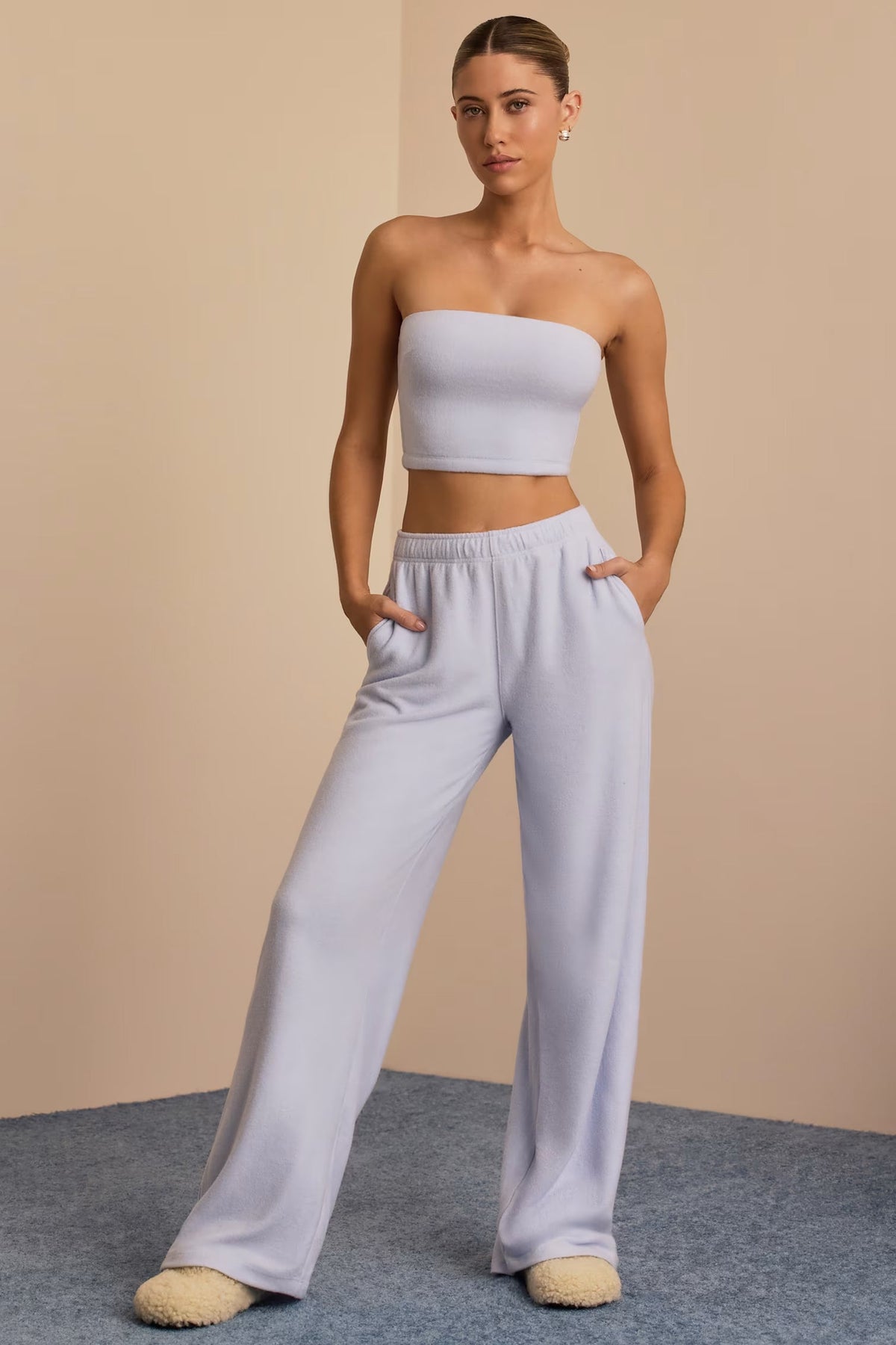 Brushed Jersey Set Wide-Leg Joggers, Cropped Hooded Shrug, &amp; Bandeau Top In Soft Blue