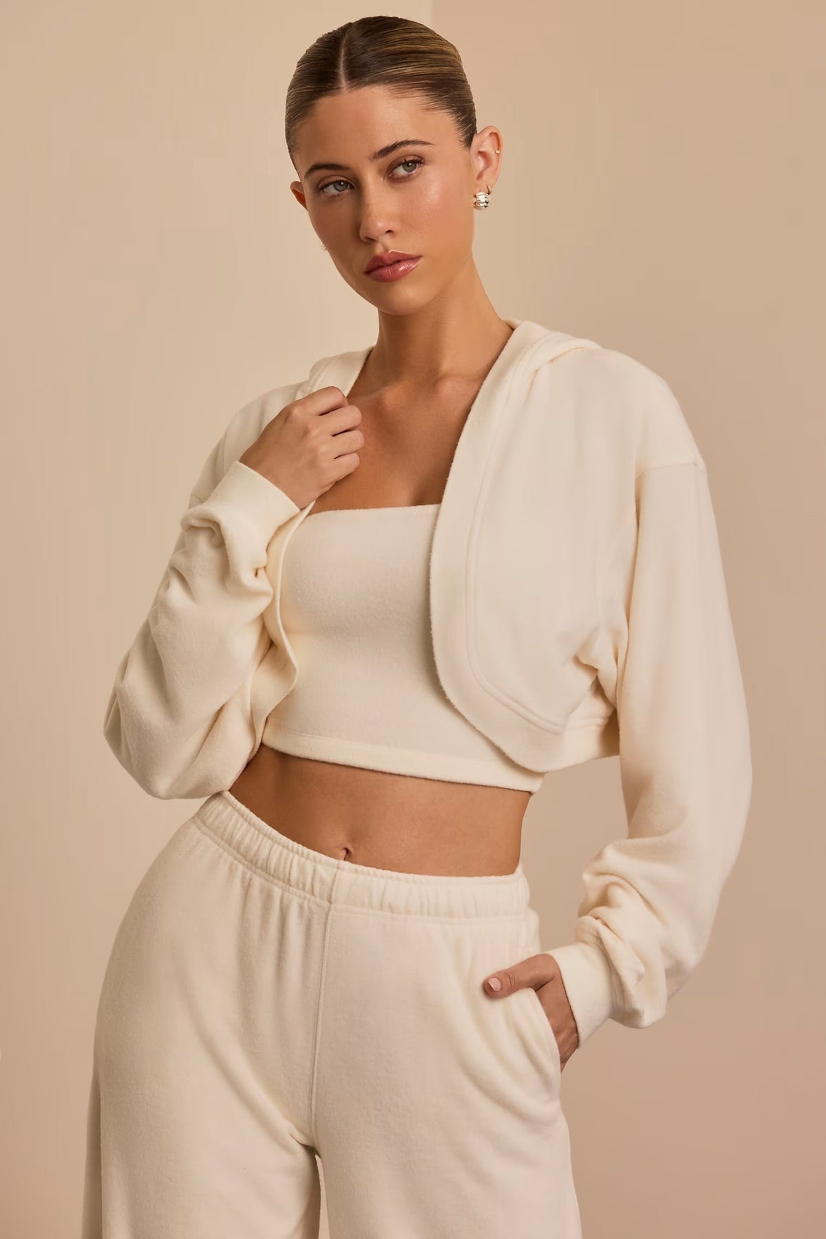 Brushed Jersey Hooded Cropped Shrug &amp; Bandeau Top in Ecru