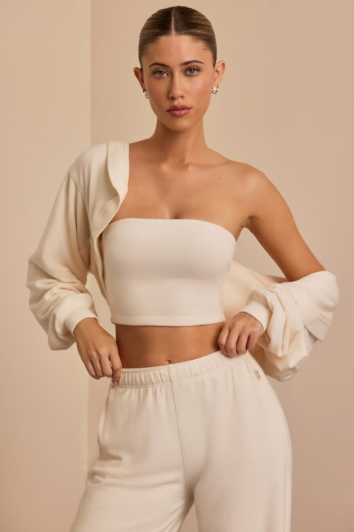 Brushed Jersey Hooded Cropped Shrug &amp; Bandeau Top in Ecru