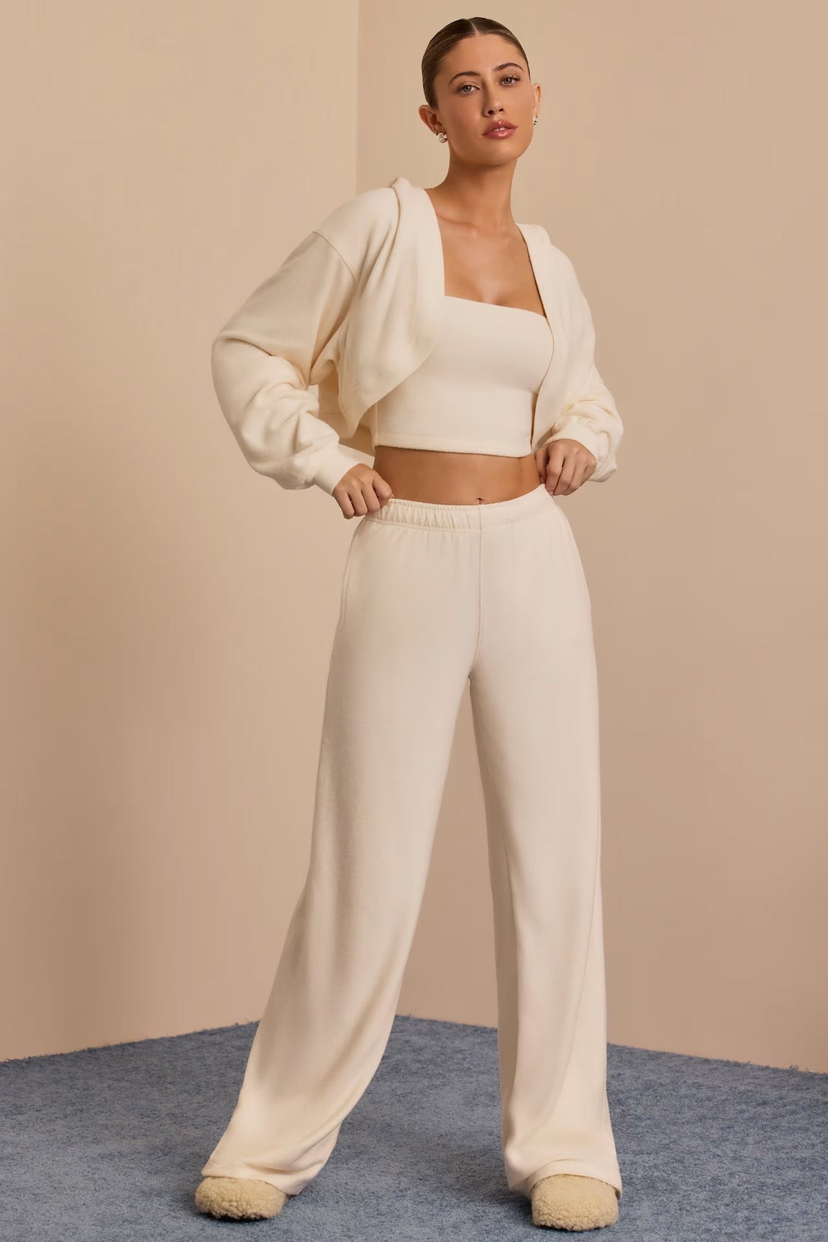 Brushed Jersey Hooded Cropped Shrug &amp; Bandeau Top in Ecru