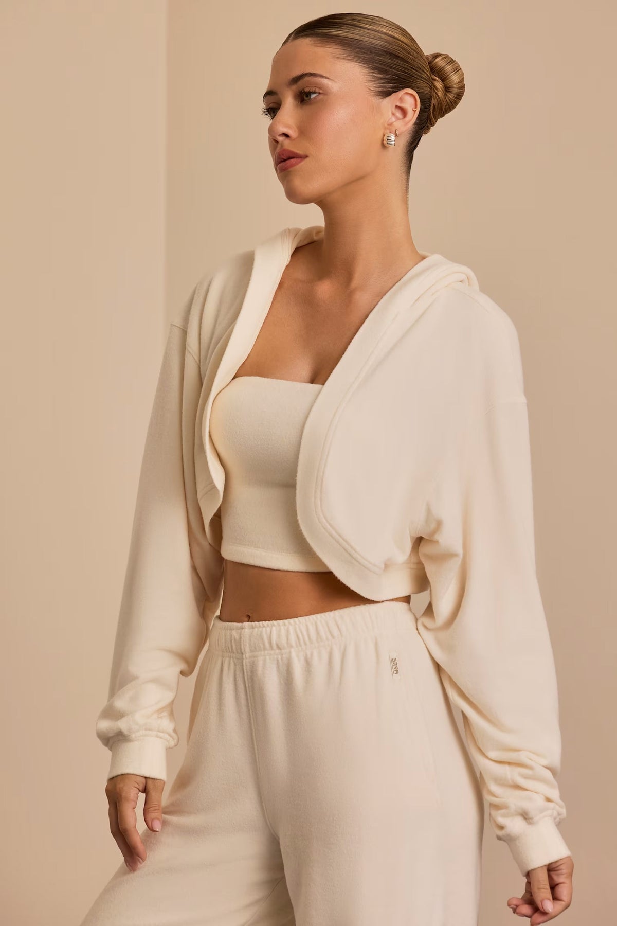 Brushed Jersey Hooded Cropped Shrug &amp; Bandeau Top in Ecru