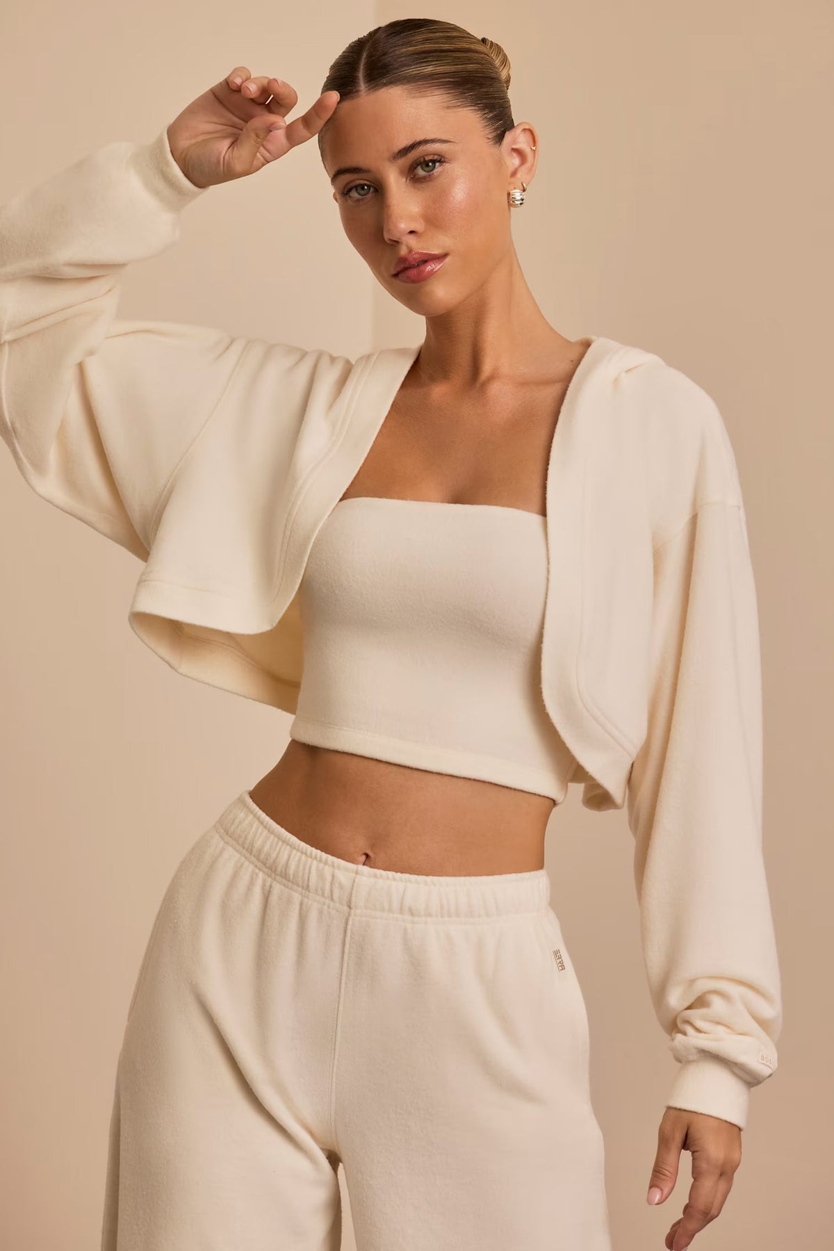 Brushed Jersey Hooded Cropped Shrug &amp; Bandeau Top in Ecru