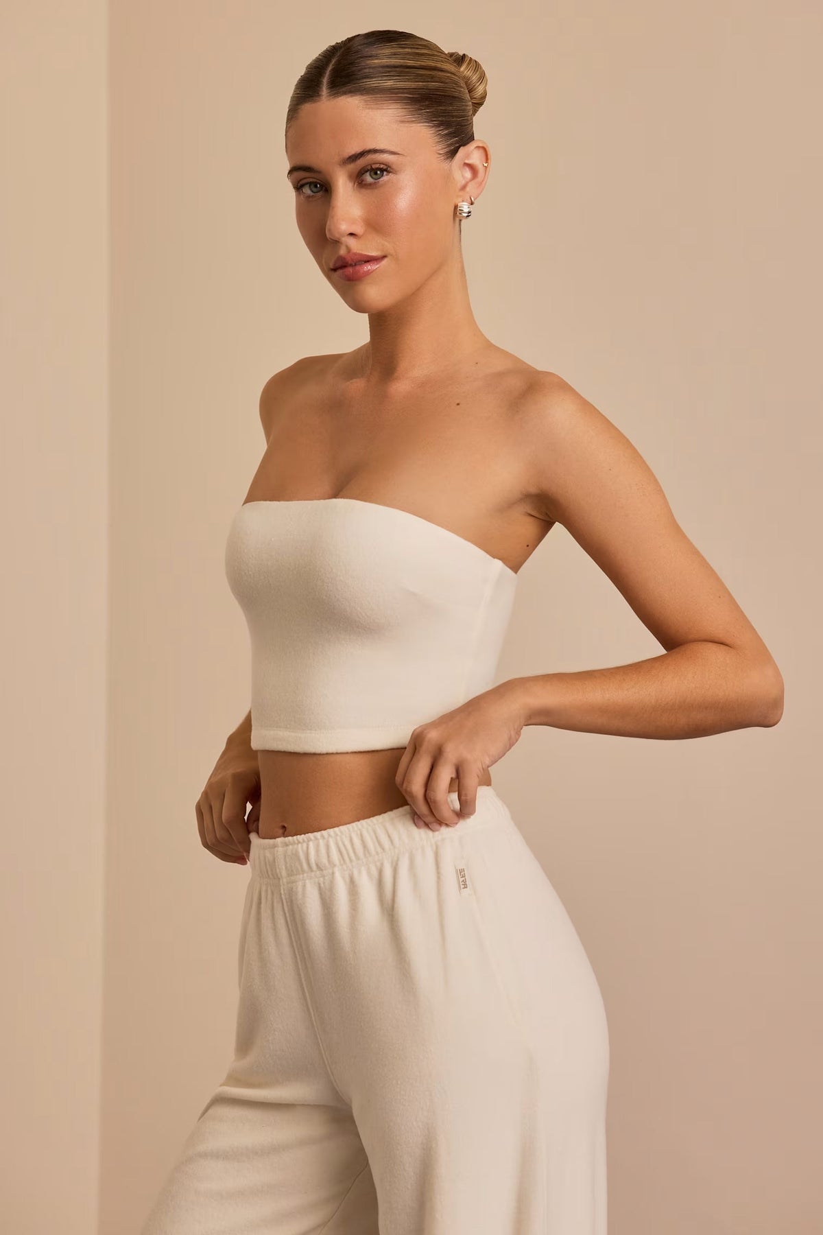 Brushed Jersey Hooded Cropped Shrug &amp; Bandeau Top in Ecru