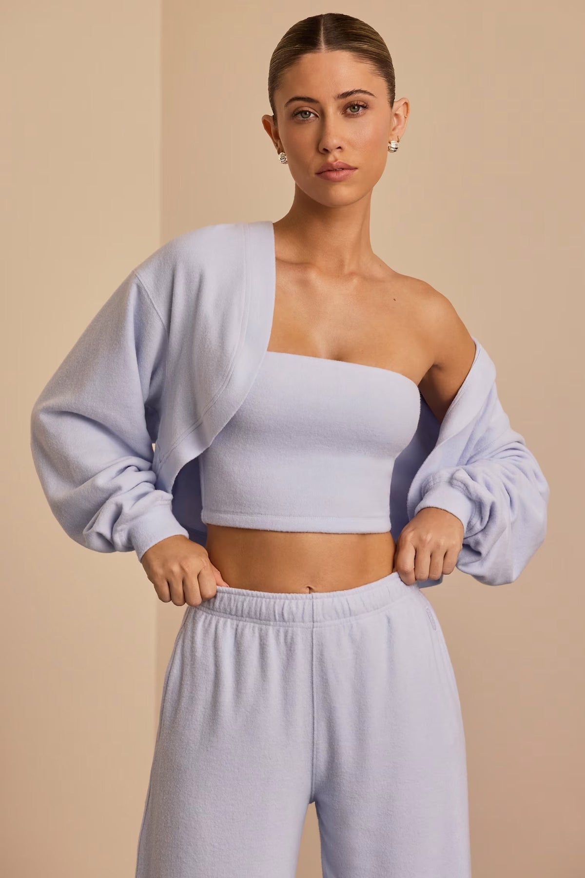 Brushed Jersey Set Wide-Leg Joggers, Cropped Hooded Shrug, &amp; Bandeau Top In Soft Blue