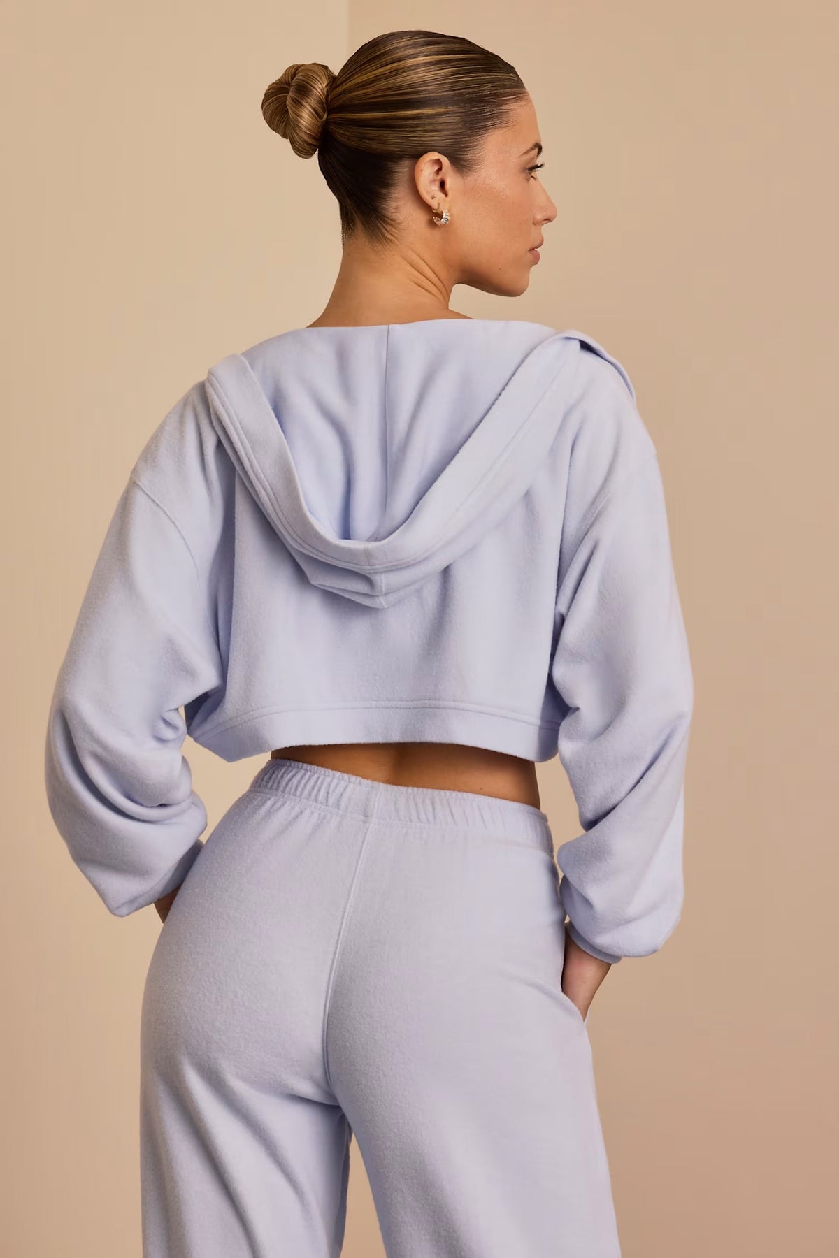 Brushed Jersey Set Wide-Leg Joggers, Cropped Hooded Shrug, &amp; Bandeau Top In Soft Blue