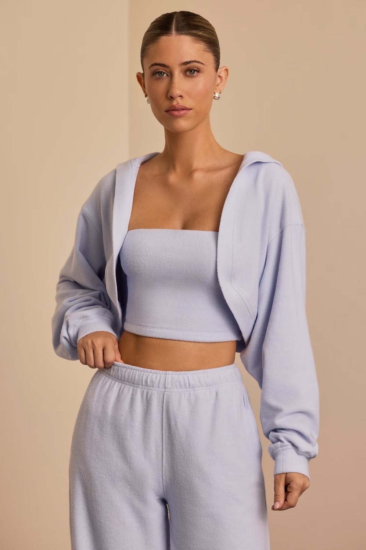 Brushed Jersey Set Wide-Leg Joggers, Cropped Hooded Shrug, &amp; Bandeau Top In Soft Blue