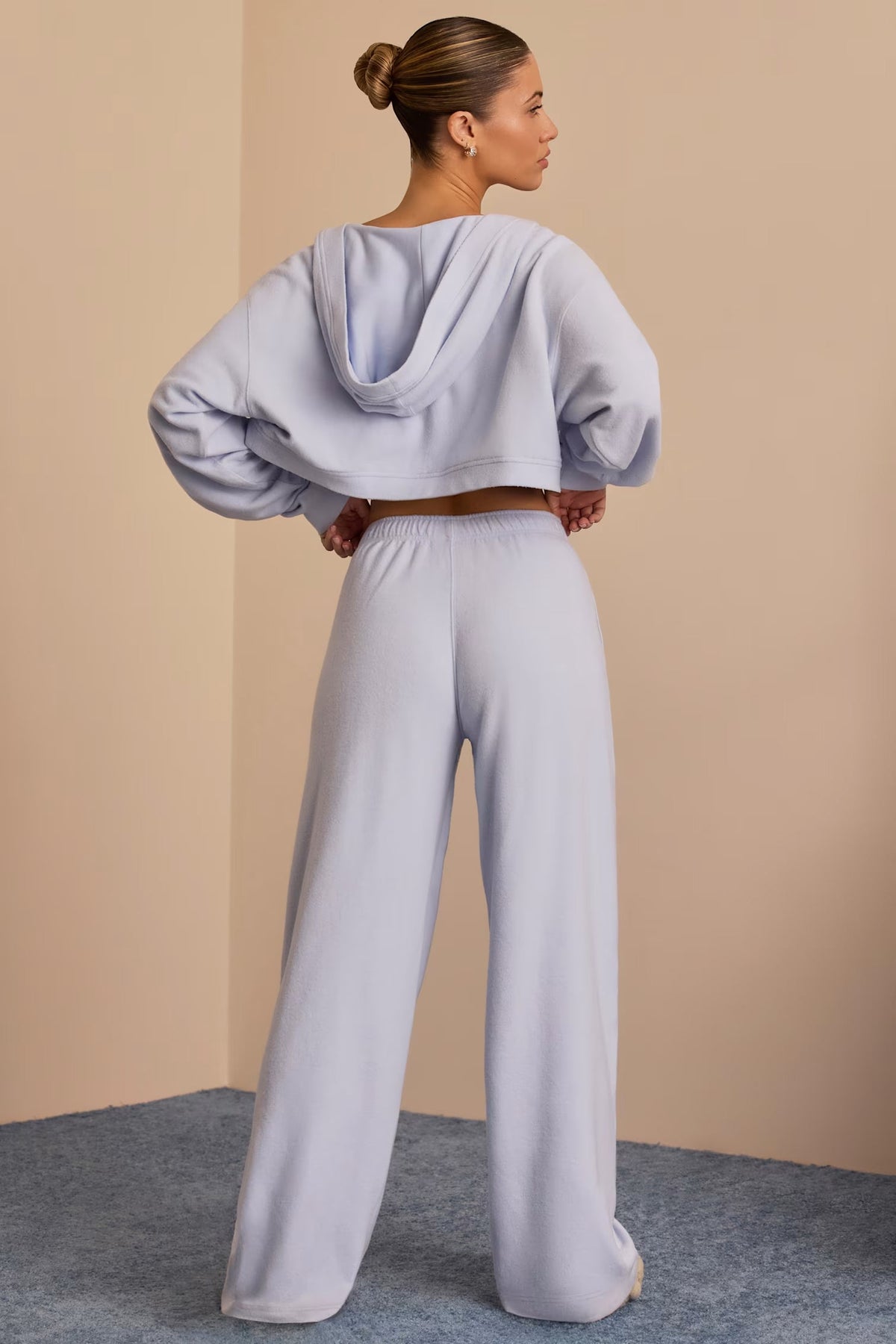 Brushed Jersey Set Wide-Leg Joggers, Cropped Hooded Shrug, &amp; Bandeau Top In Soft Blue