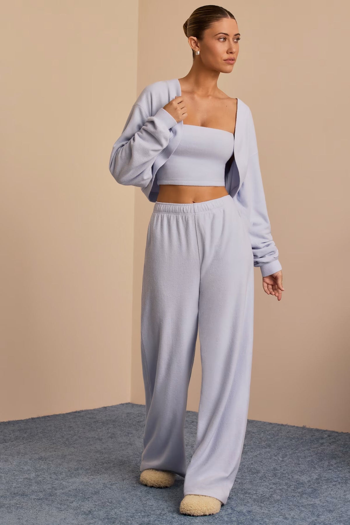 Brushed Jersey Set Wide-Leg Joggers, Cropped Hooded Shrug, &amp; Bandeau Top In Soft Blue