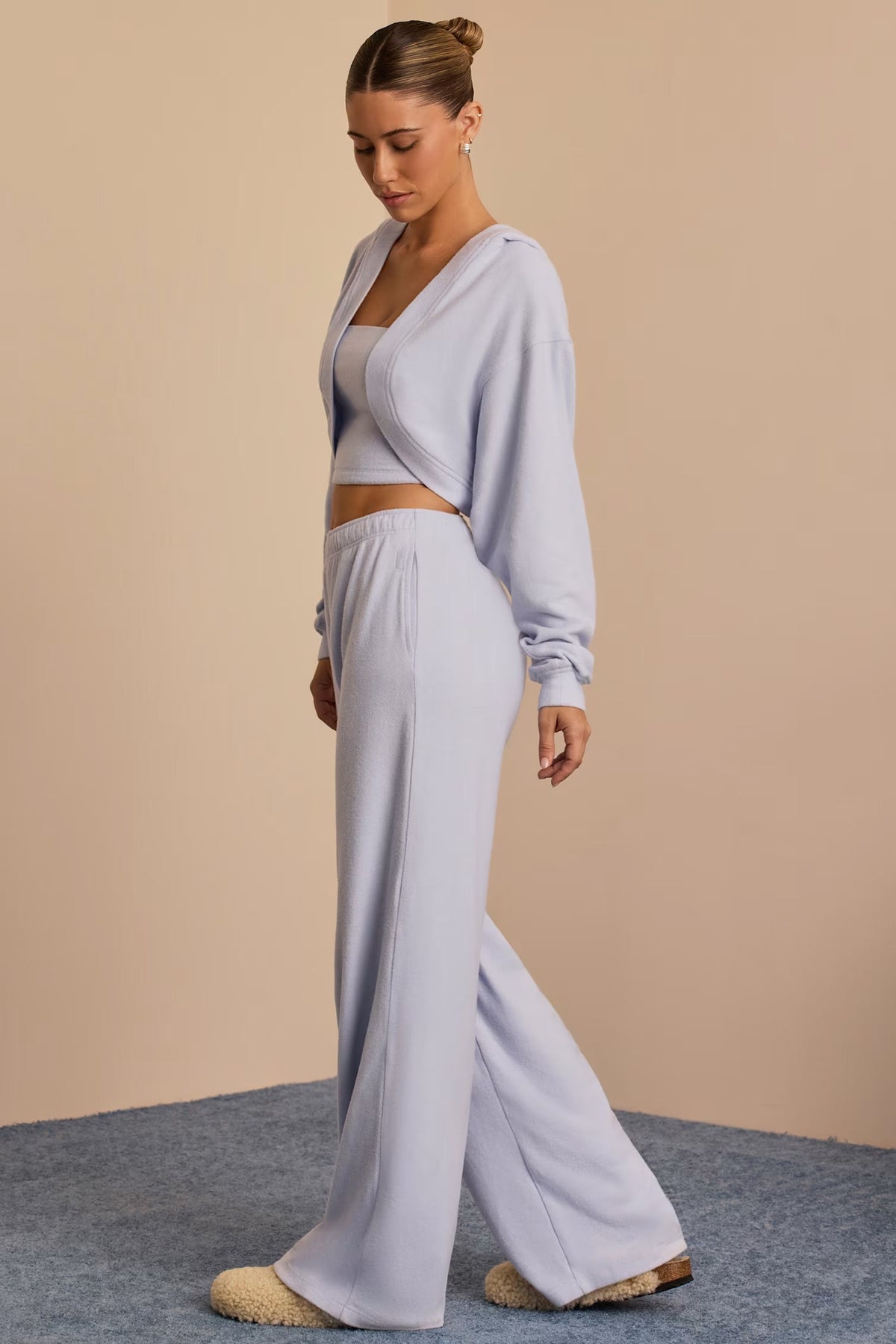 Brushed Jersey Set Wide-Leg Joggers, Cropped Hooded Shrug, &amp; Bandeau Top In Soft Blue