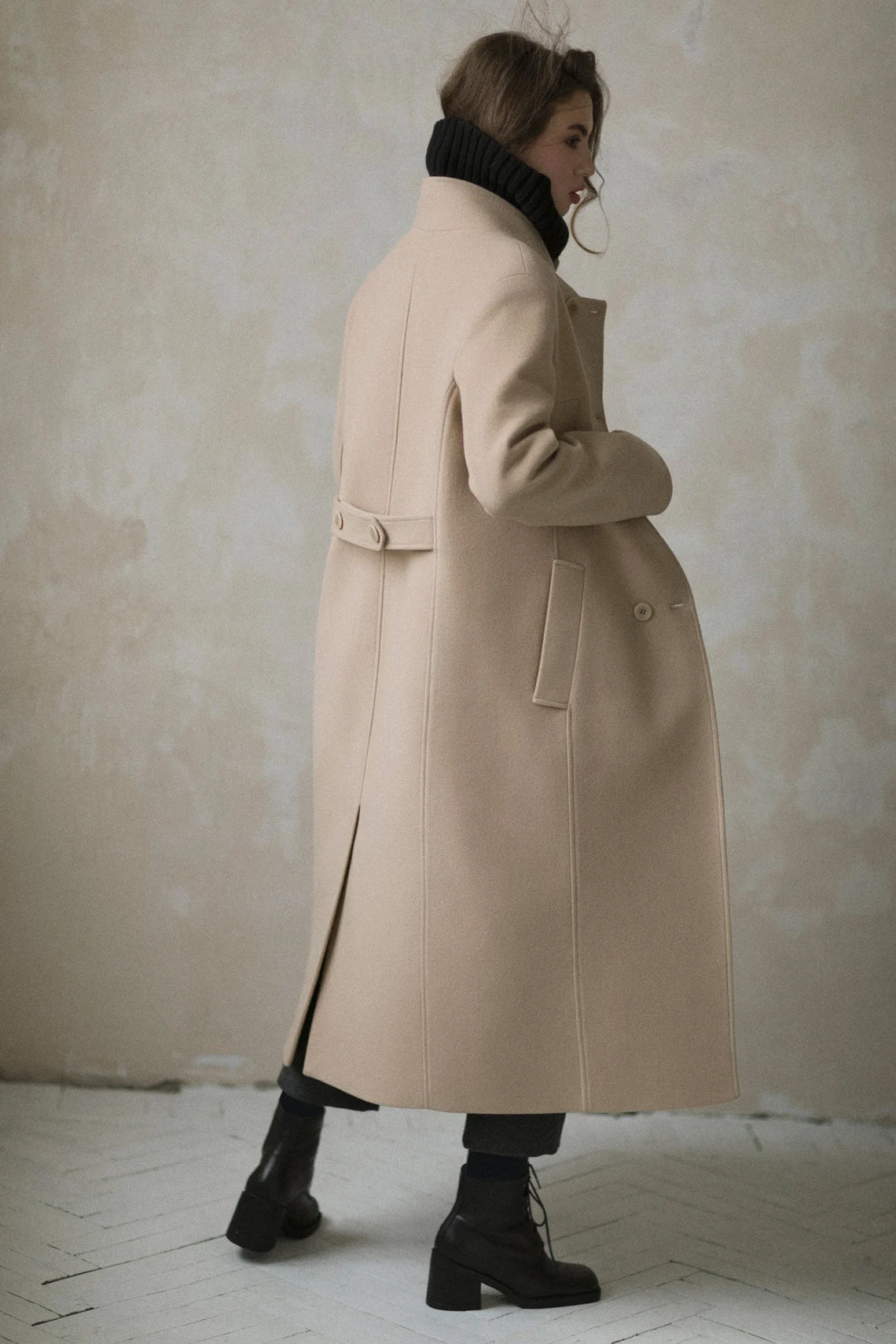 Camel Beige Wool Coat | Stand Collar | Soft Autumn Overcoat