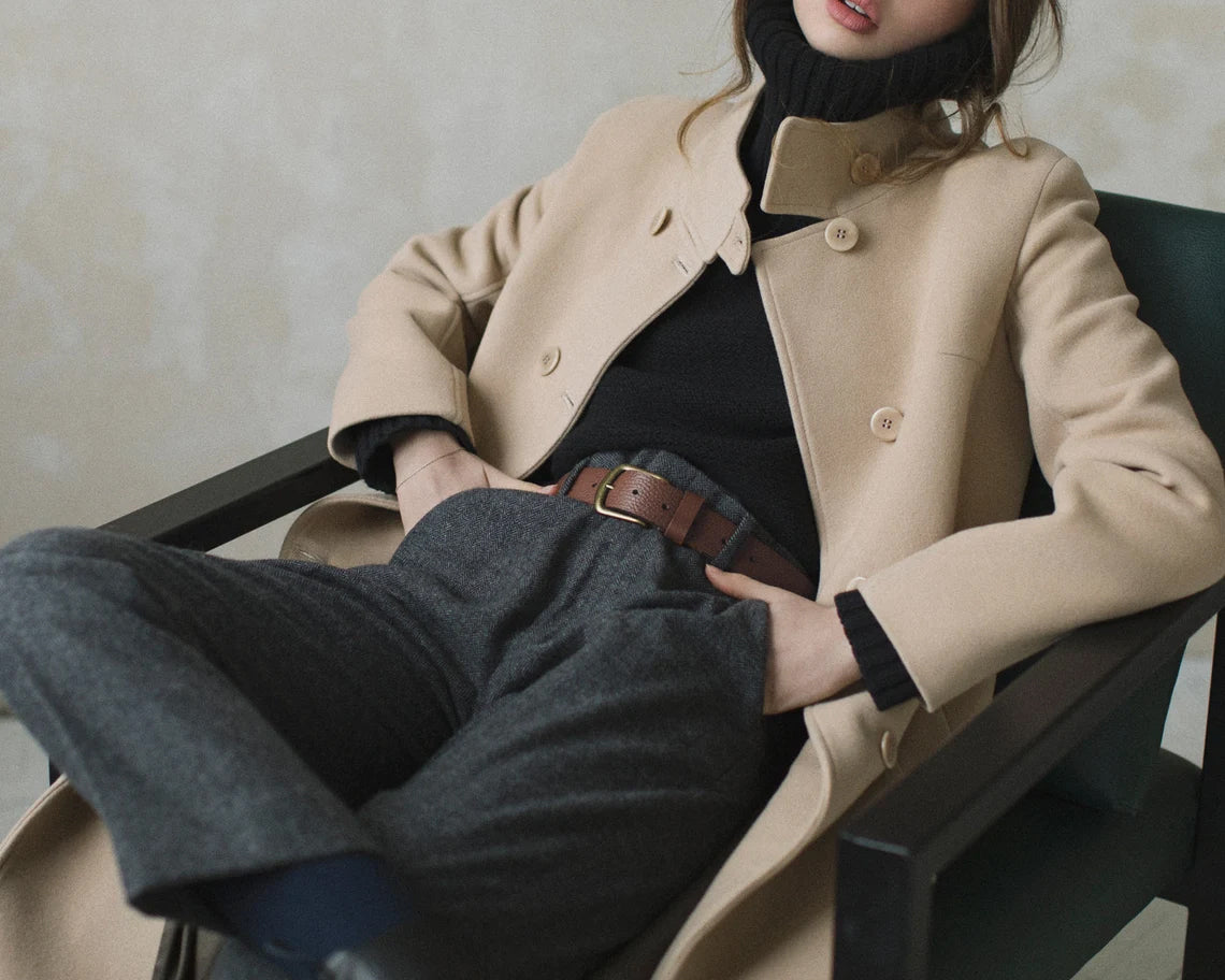 Camel Beige Wool Coat | Stand Collar | Soft Autumn Overcoat