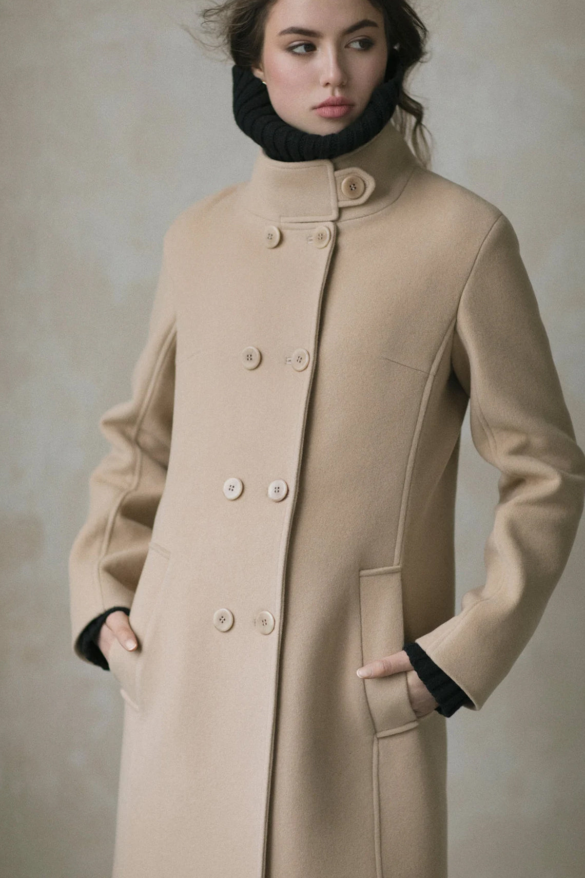 Camel Beige Wool Coat | Stand Collar | Soft Autumn Overcoat