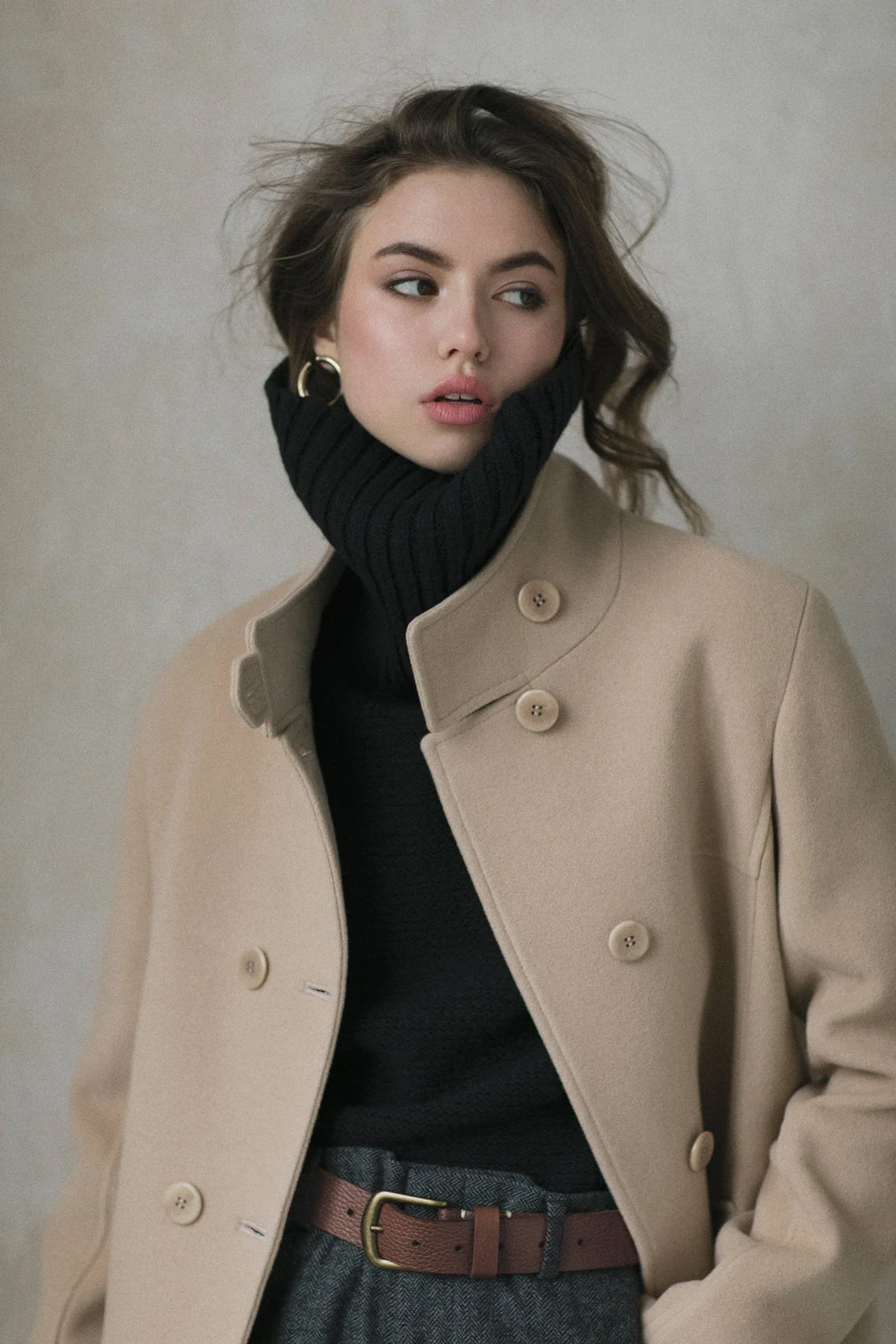 Camel Beige Wool Coat | Stand Collar | Soft Autumn Overcoat