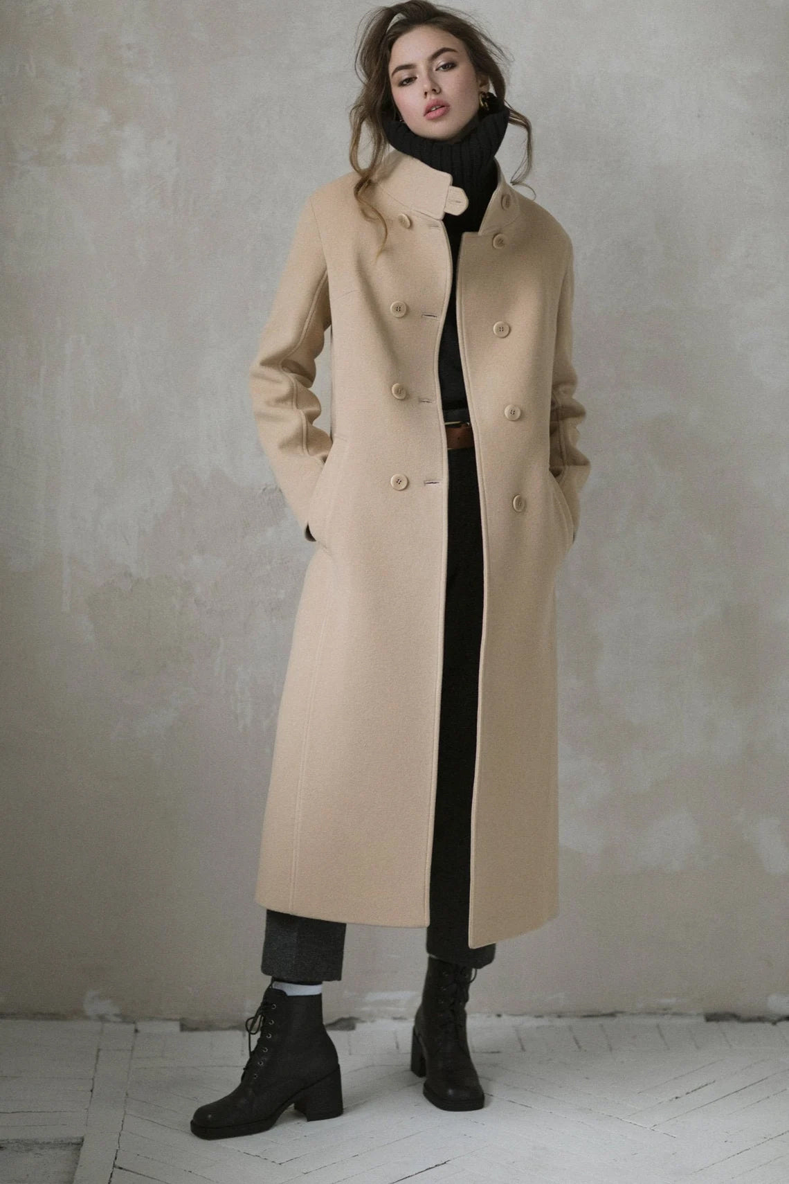 Camel Beige Wool Coat | Stand Collar | Soft Autumn Overcoat