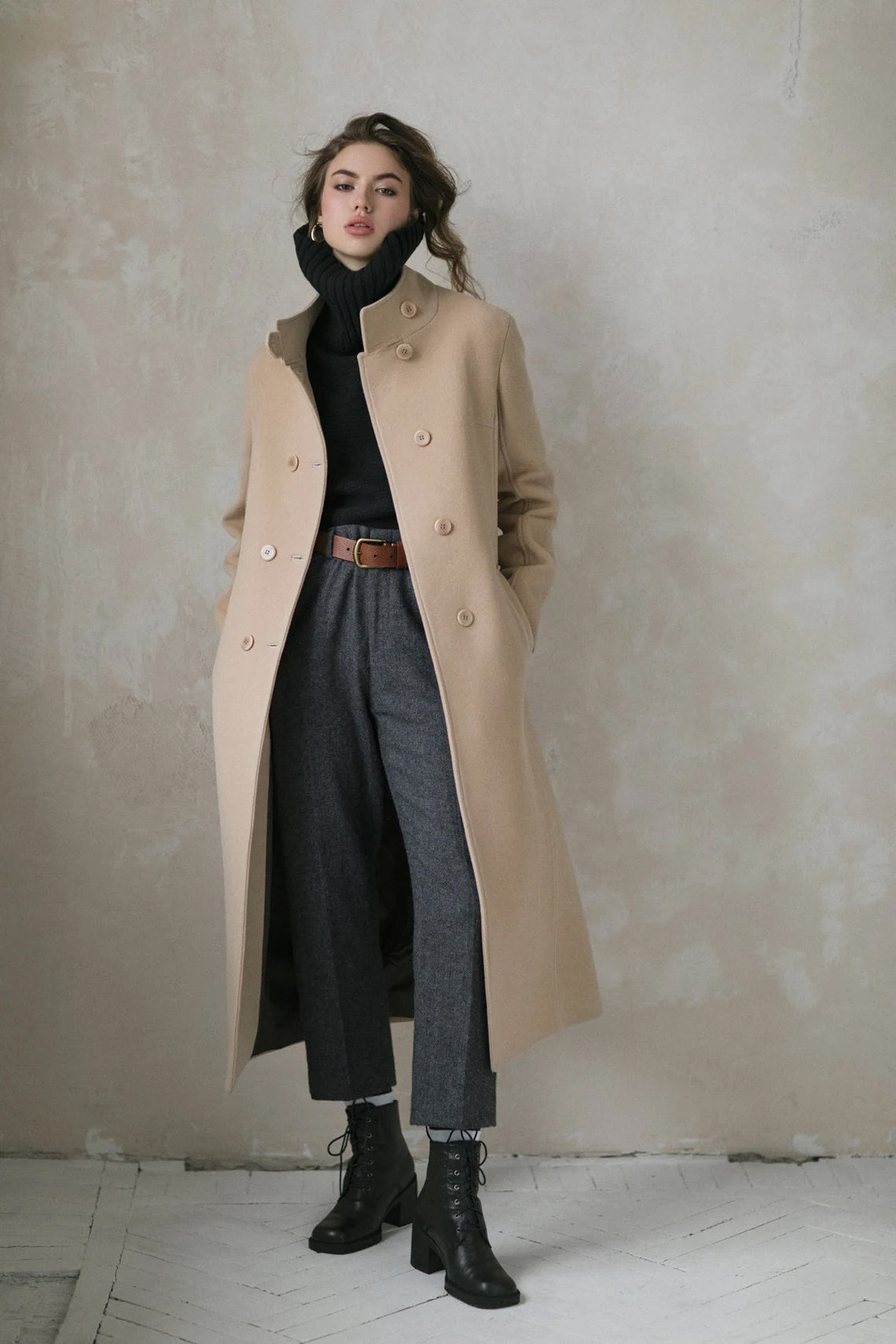 Camel Beige Wool Coat | Stand Collar | Soft Autumn Overcoat