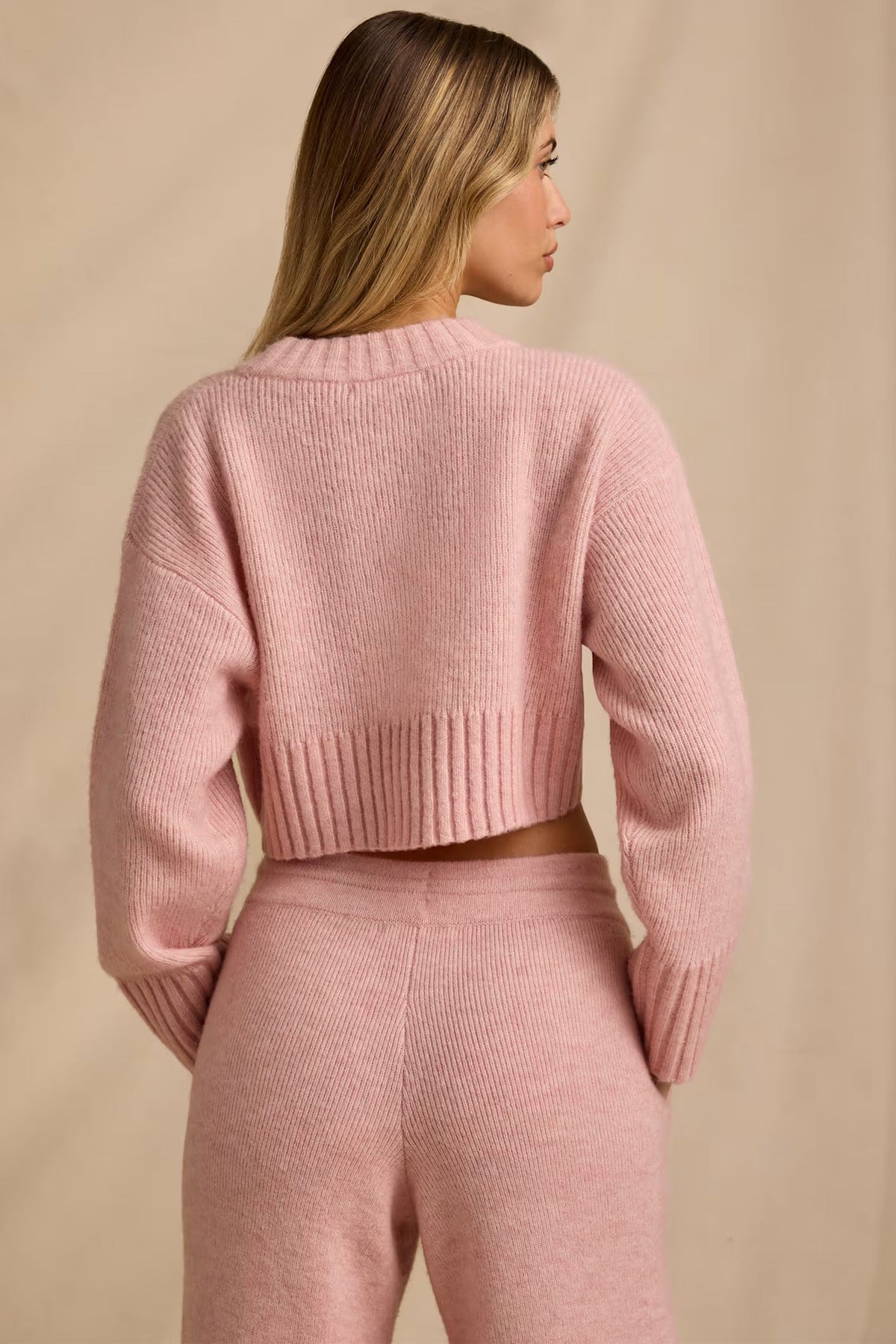 Cropped Knit Jumper &amp; Wide-Leg Joggers In Blush Pink