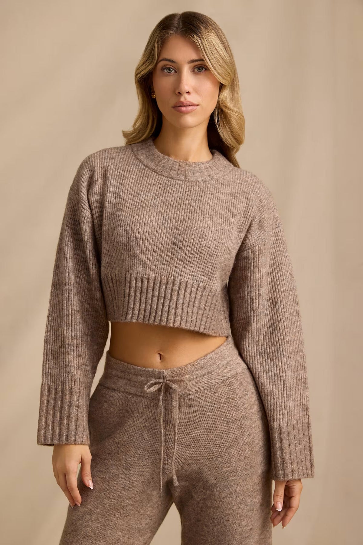 Cropped Knit Jumper in Brown Marl